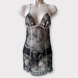 Ann Summers Lace Slip Chemise & Panties Set NWTO, Size 8-10 UK/ S US, Black Gold